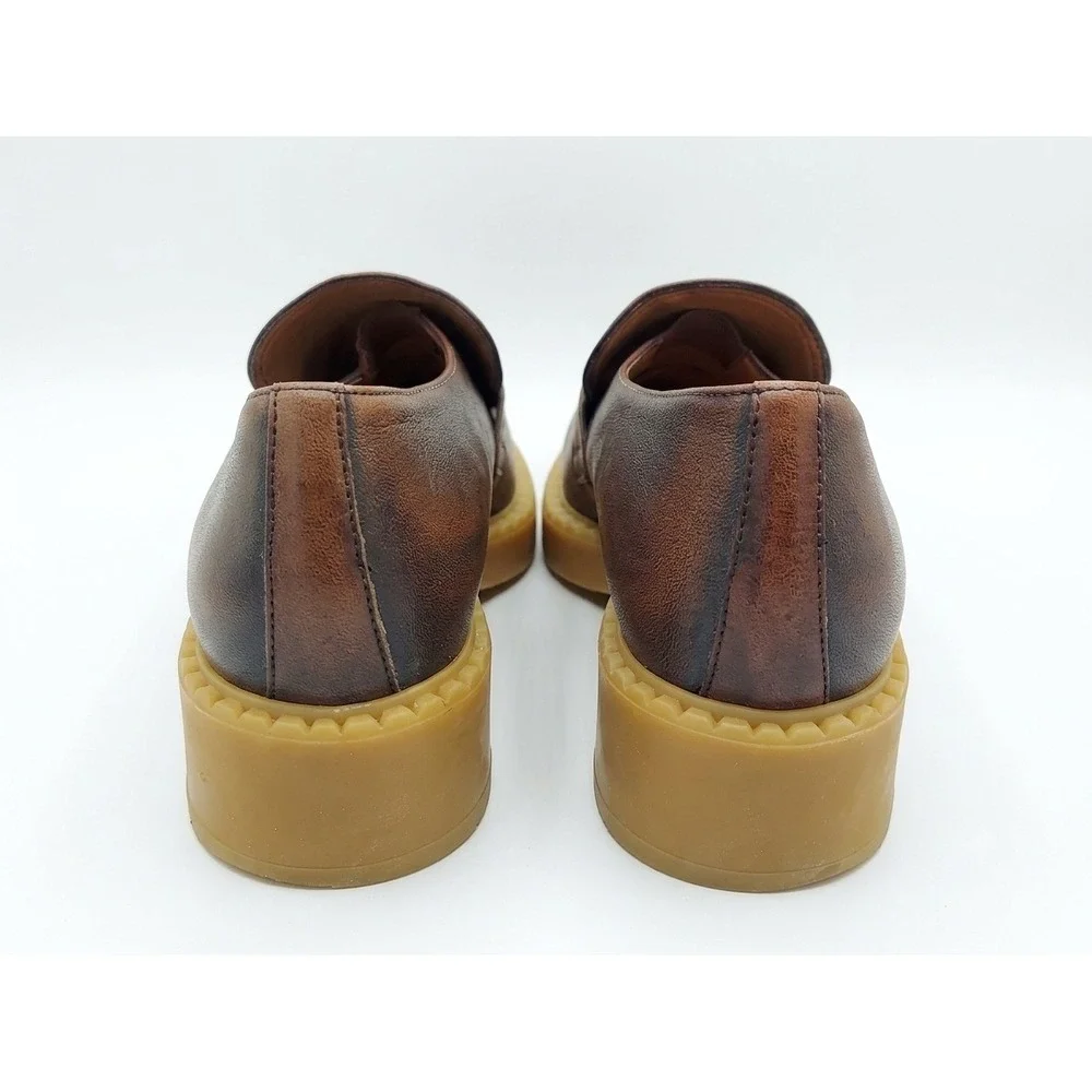 Baldinini Brown Burnished Leather  Loafers Italian Lug Sole Chunky Heel 40 NWOT